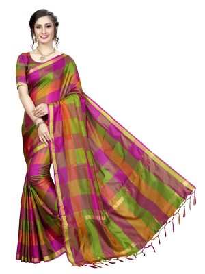 Ikkat Checks Pink Cotton Polyester Silk Weaving Saree With Blouse