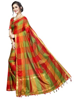 Ikkat Checks Red Cotton Polyester Silk Weaving Saree With Blouse