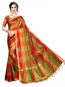 Ikkat Checks Red Cotton Polyester Silk Weaving Saree With Blouse