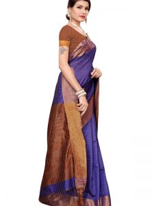 Ikkat Chokda Blue Cotton Polyester Silk Weaving Saree With Blouse