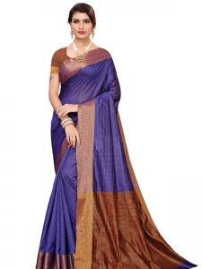 Ikkat Chokda Blue Cotton Polyester Silk Weaving Saree With Blouse