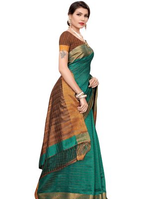 Ikkat Chokda Green Cotton Polyester Silk Weaving Saree With Blouse