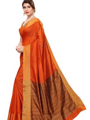Ikkat Chokda Orange Cotton Polyester Silk Weaving Saree With Blouse