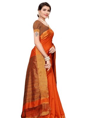 Ikkat Chokda Orange Cotton Polyester Silk Weaving Saree With Blouse