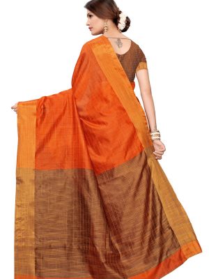 Ikkat Chokda Orange Cotton Polyester Silk Weaving Saree With Blouse