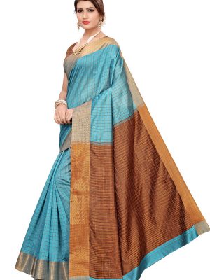 Ikkat Chokda Rama Cotton Polyester Silk Weaving Saree With Blouse