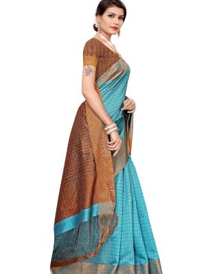 Ikkat Chokda Rama Cotton Polyester Silk Weaving Saree With Blouse