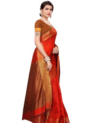 Ikkat Chokda Red Cotton Polyester Silk Weaving Saree With Blouse