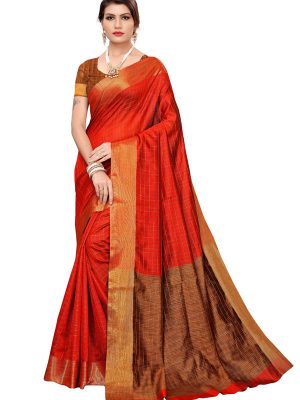 Ikkat Chokda Red Cotton Polyester Silk Weaving Saree With Blouse