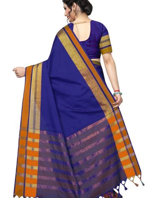 Jankar Blue Cotton Polyester Silk Weaving Saree With Blouse