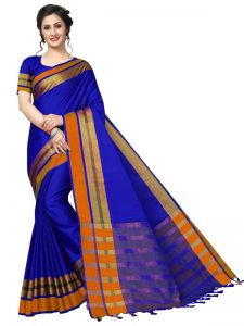 Jankar Blue Cotton Polyester Silk Weaving Saree With Blouse
