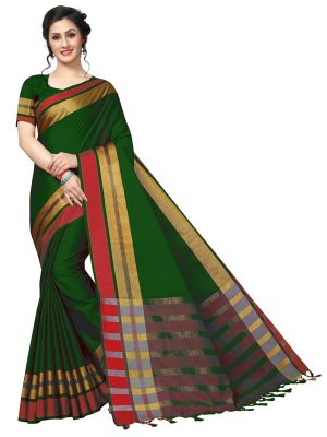 Jankar Green Cotton Polyester Silk Weaving Saree With Blouse