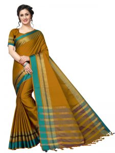 Jankar Mustard Cotton Polyester Silk Weaving Saree With Blouse