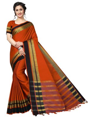 Jankar Orange Cotton Polyester Silk Weaving Saree With Blouse