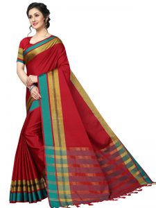 Jankar Red Cotton Polyester Silk Weaving Saree With Blouse