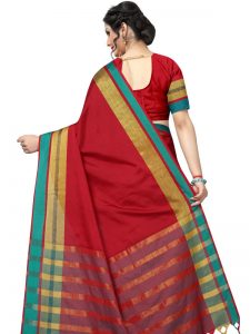 Jankar Red Cotton Polyester Silk Weaving Saree With Blouse