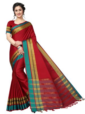Jankar Red Cotton Polyester Silk Weaving Saree With Blouse