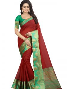 Lal Keri Cotton Polyester Silk Weaving Saree With Blouse