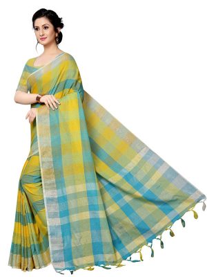 Linen Checks Green Cotton Polyester Silk Weaving Saree With Blouse