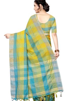Linen Checks Green Cotton Polyester Silk Weaving Saree With Blouse