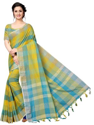 Linen Checks Green Cotton Polyester Silk Weaving Saree With Blouse