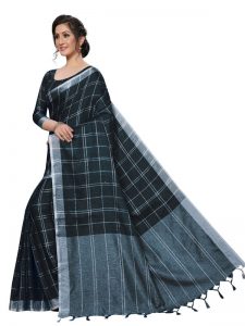 Linen Square Black Cotton Polyester Silk Weaving Saree With Blouse