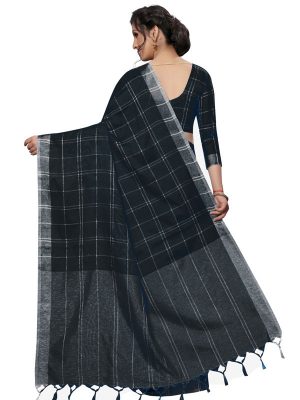 Linen Square Black Cotton Polyester Silk Weaving Saree With Blouse