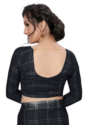 Linen Square Black Cotton Polyester Silk Weaving Saree With Blouse