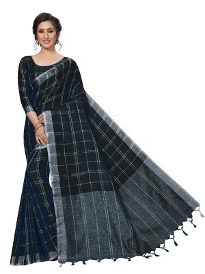 Linen Square Black Cotton Polyester Silk Weaving Saree With Blouse