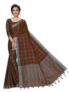 Linen Square Coffee Cotton Polyester Silk Weaving Saree With Blouse