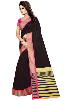 Mastani Weaving Black Cotton Polyester Silk Weaving Saree With Blouse