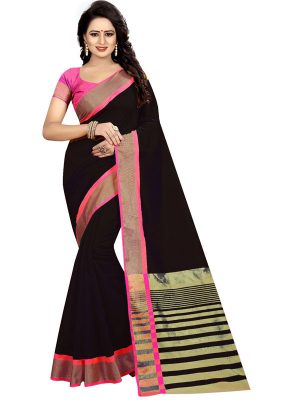 Mastani Weaving Black Cotton Polyester Silk Weaving Saree With Blouse