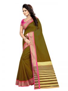 Mastani Weaving Green Cotton Polyester Silk Weaving Saree With Blouse