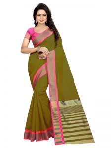 Mastani Weaving Green Cotton Polyester Silk Weaving Saree With Blouse