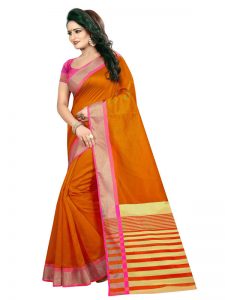 Mastani Weaving Orange Cotton Polyester Silk Weaving Saree With Blouse