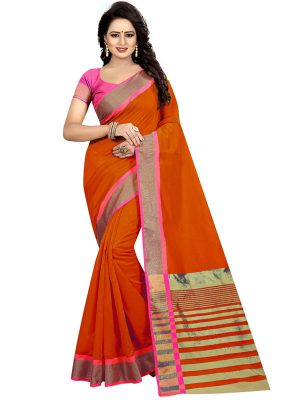 Mastani Weaving Orange Cotton Polyester Silk Weaving Saree With Blouse