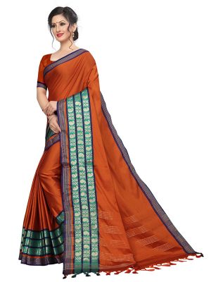 Meenakari 2 Orange Cotton Polyester Silk Weaving Saree With Blouse