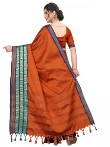 Meenakari 2 Orange Cotton Polyester Silk Weaving Saree With Blouse