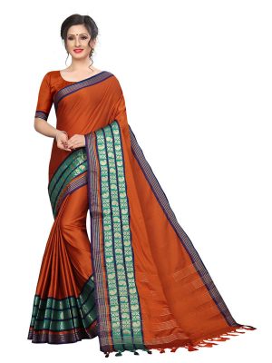 Meenakari 2 Orange Cotton Polyester Silk Weaving Saree With Blouse