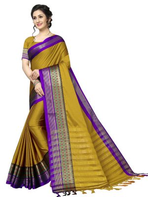 Meenakari Mustard Cotton Polyester Silk Weaving Saree With Blouse