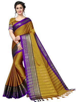 Meenakari Mustard Cotton Polyester Silk Weaving Saree With Blouse