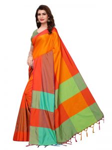 Namo Orange Cotton Polyester Silk Weaving Saree With Blouse