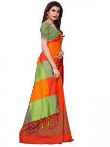 Namo Orange Cotton Polyester Silk Weaving Saree With Blouse