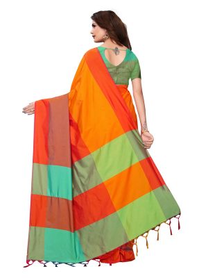 Namo Orange Cotton Polyester Silk Weaving Saree With Blouse