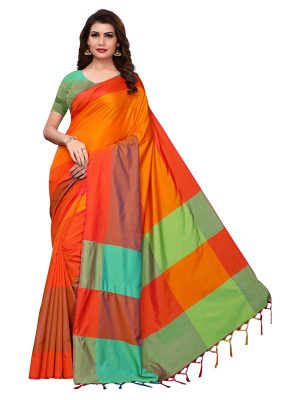 Namo Orange Cotton Polyester Silk Weaving Saree With Blouse