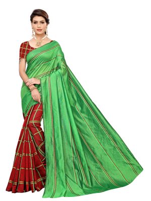 Payal Green Red Cotton Polyester Silk Weaving Saree With Blouse