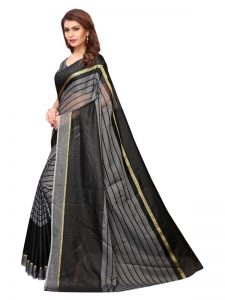 Rustam Black Cotton Polyester Silk Weaving Saree With Blouse