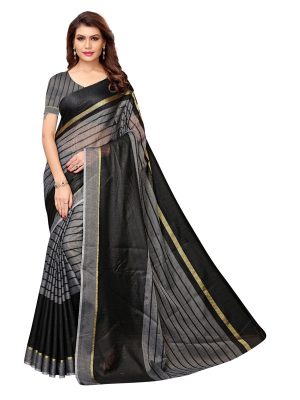 Rustam Black Cotton Polyester Silk Weaving Saree With Blouse
