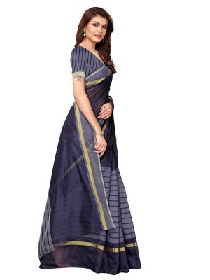 Rustam Navy Cotton Polyester Silk Weaving Saree With Blouse