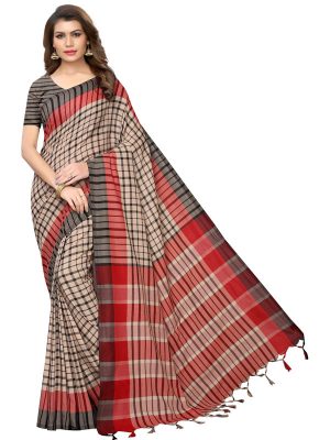 Terra Checks Black Cotton Polyester Silk Weaving Saree With Blouse